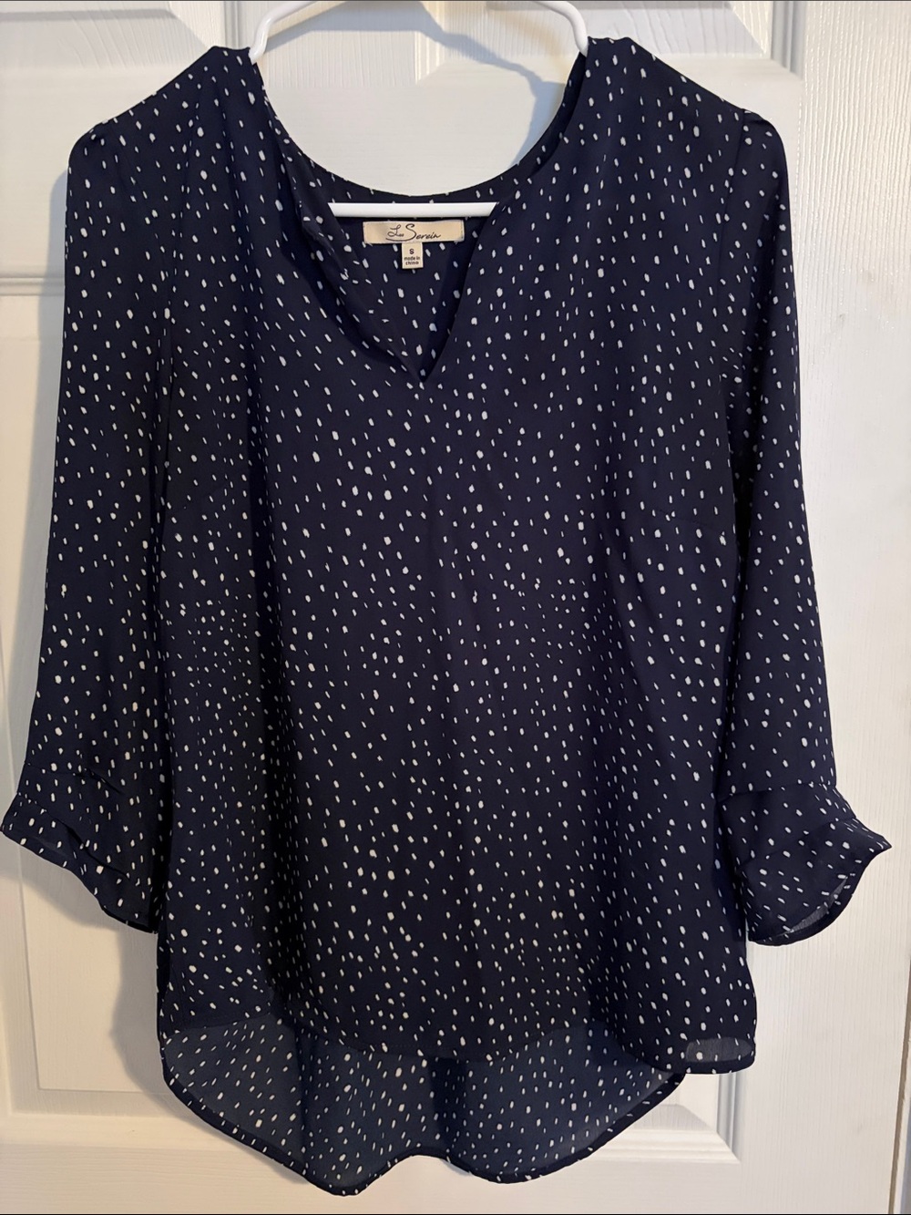 Le Sarte Navy Dot V-Neck Blouse with Roll-Tab Sleeves